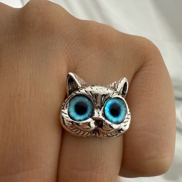 Silver cat blue eyes adjustable size Band Ring - Picture 5 of 8